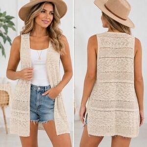 One Hart Womens Beige Open Front Pointelle Knit Longline Crochet Vest Large